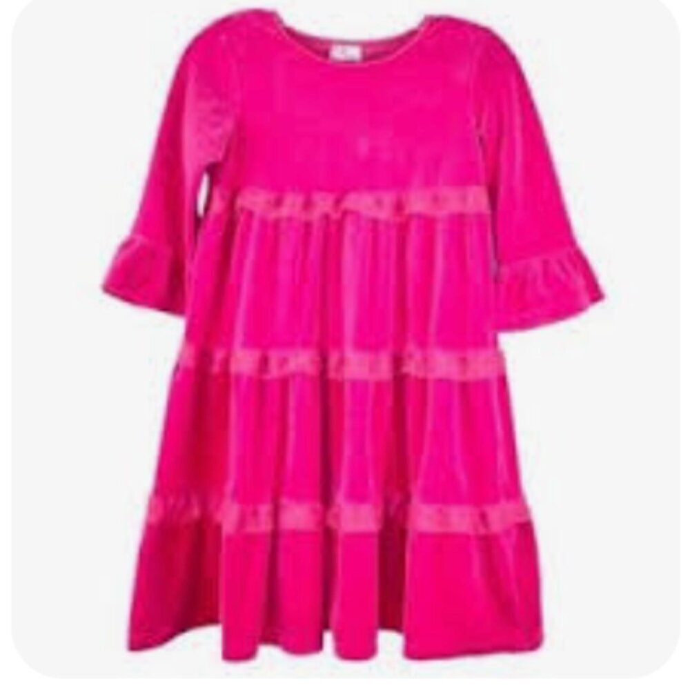 Hanna Andersson Pink Velour tiered ruffle long sleeve dress size 5(110)